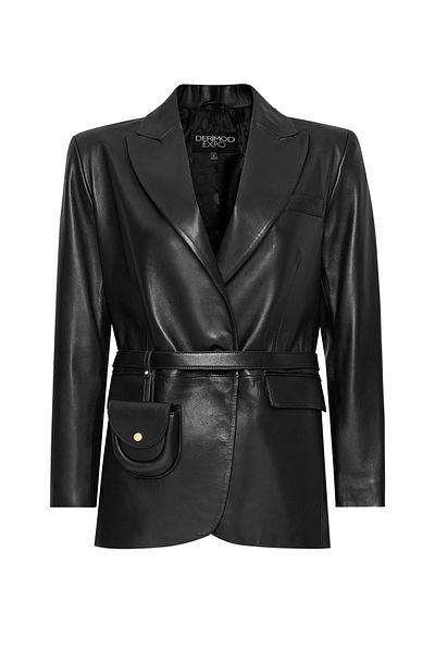Derimod Karla Women's Black Belt Detailed Leather Jacket 24Wge52261M