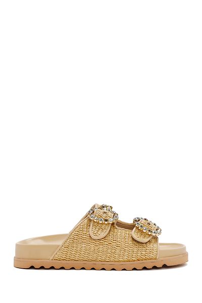 Derimod Women's Beige Straw Stone Slippers 25Sfd4403M7