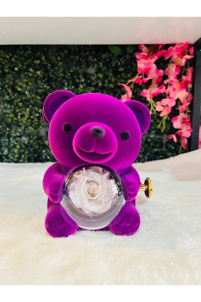 HEDİYEVİM Büyük Boy Ayıcık Dönen Gül Takı Kutusu Kadife Mor