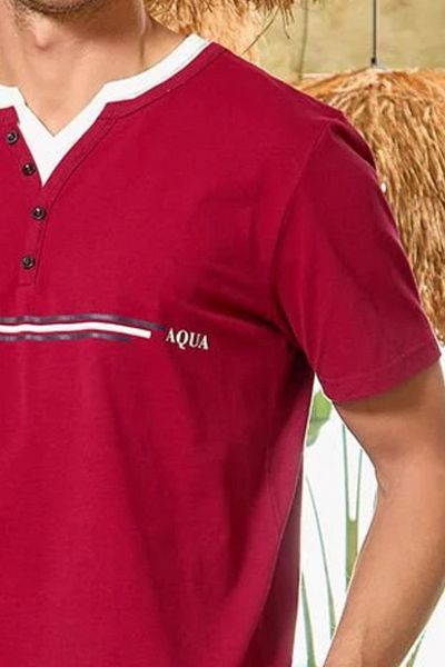 Mavelle Men's Burgundy Print Detailed Short Sleeve Cotton Shorts Set 25923