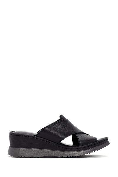 Derimod Women's Black Thick Soled Leather Comfort Slippers 25Sfd 320118