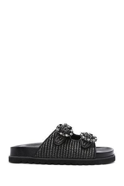 Derimod Women's Black Straw Stone Slippers 25Sfd4403M7