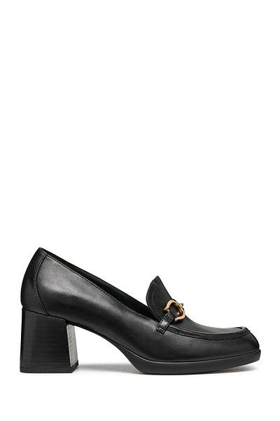 Geox Women's Black Loafersflate Tongue Detailed Thick Heeled Leather Buckle