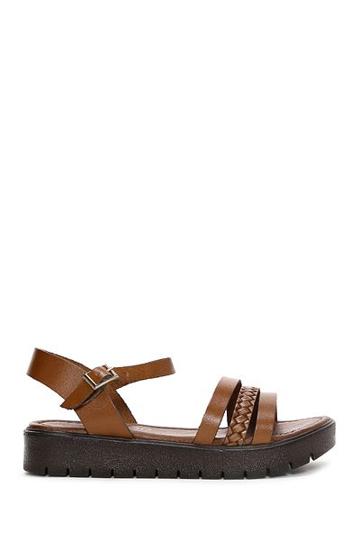 Derimod Women's Tan Ankle Strap Thick Soled Genuine Leather Bodrum Sandals 25Sfd331318