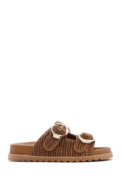 Derimod Women's Tan Double Buckle Straw Slippers 25Sfd4402M7