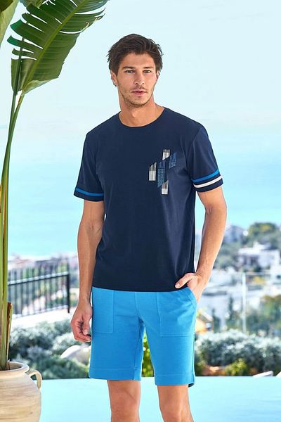 Mavelle Men's Navy Blue Short Sleeve 100% Cotton Print Detailed Shorts Set 25941
