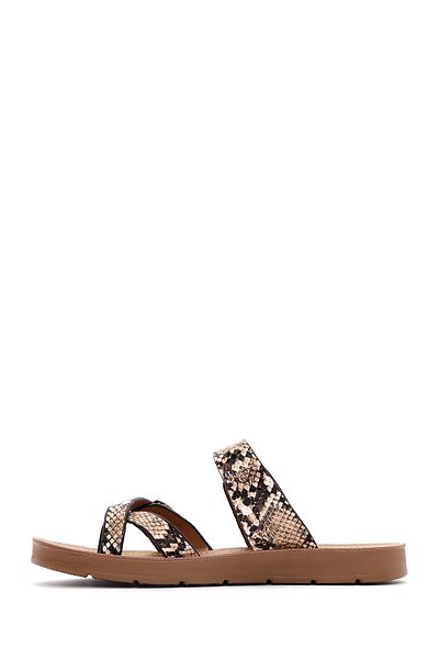 Derimod Women's Brown Double Buckle Patterned Slippers 25Sfe 460140