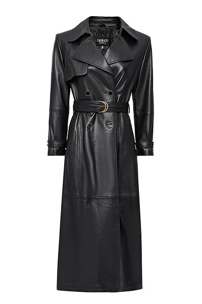Derimod Jenny -X Women's Black Double Breasted Lapel Leather Top Coat 24Wge52631M
