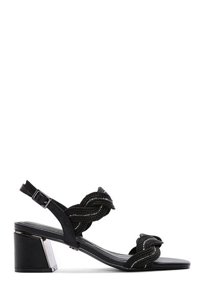 Derimod Women's Black Braided Thick Short Heeled Shoes Sandals 25Sfd440714