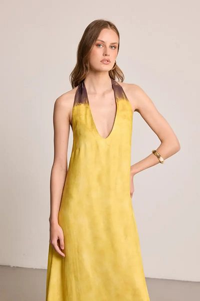Gusto Halter Neck Long Satin Dress - Yellow