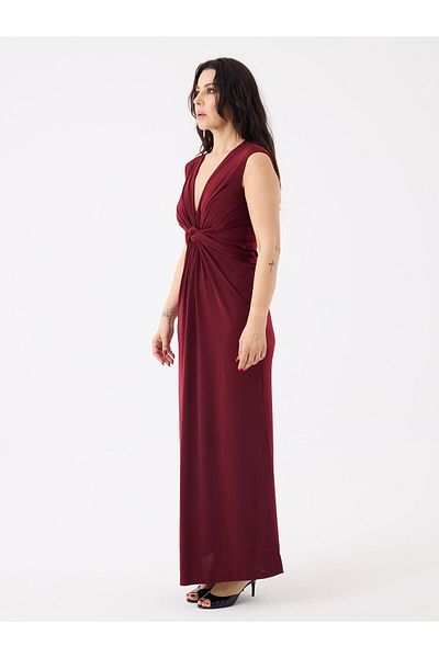 RİVUS Dress with Twist Detail and Belt on the Front - Burgundy