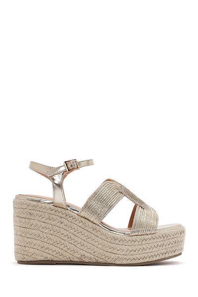 Derimod Women's Gold Ankle Strap Metallic Wedge Heeled Espadrille 25Sfe 450632