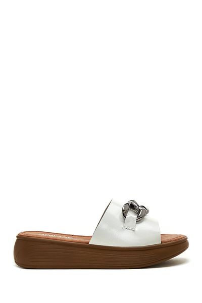 Derimod Women's White Thick Sole Chain Leather Slippers 25Sfd 330518
