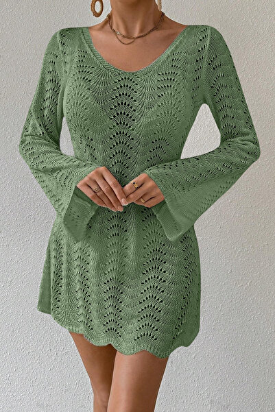 citystyle V-λαιμόκοψη μανίκι καμπάνα χωρίς πλάτη με κορδόνια σε χρώμα μέντας Casual φόρεμα παραλίας