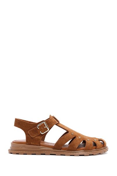 Derimod Women's Tan Ankle Strap Suede Genuine Leather Sandals 25Sfd350210