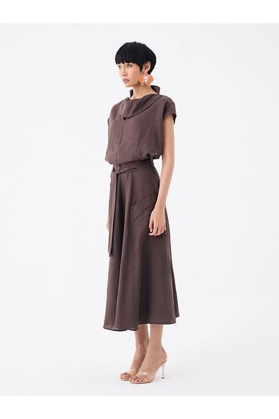 RİVUS Belted Waist Zippered Slit Detailed Linen Skirt with Pockets - Brown