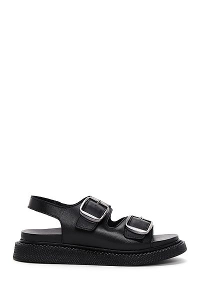 Derimod Women's Black Double Buckle Genuine Leather Comfort Sandals 25Sfd300018