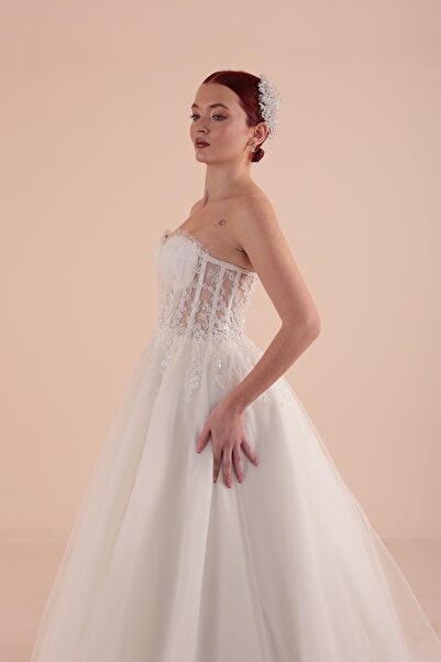 berissima bride Transparan Drapeli Kalp Yaka Helen Gelinlik