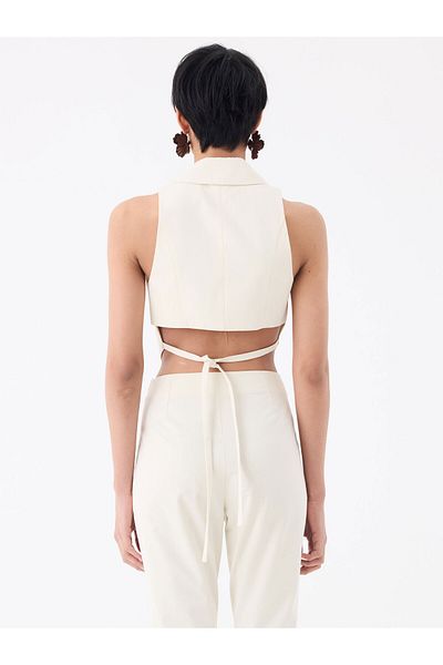 RİVUS Buttoned Front, Low-Cut Waist Vest with Back Tie Detail - Ecru