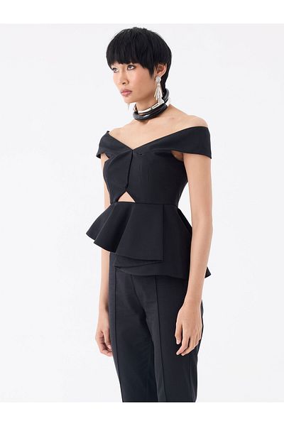 RİVUS Asymmetrical Flounce Detailed Shoulderless Bustier Blouse - Black