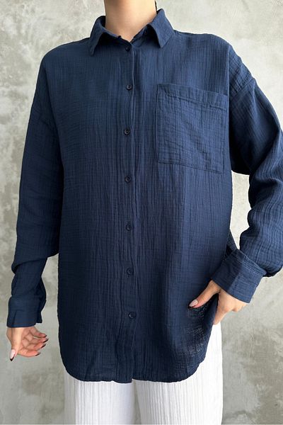 macharel jeans Тъмносиня овърсайз дамска памучна риза - базов модел