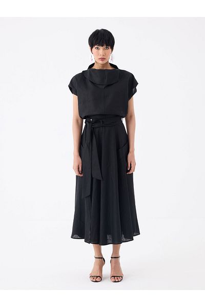 RİVUS Belted Waist Zippered Slit Detailed Linen Skirt with Pockets - Black