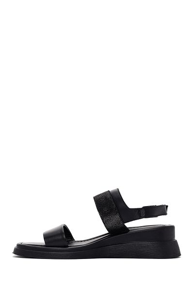 Derimod Women's Black Wedge Heeled Shoes Genuine Leather Sandals 25Sfd361114