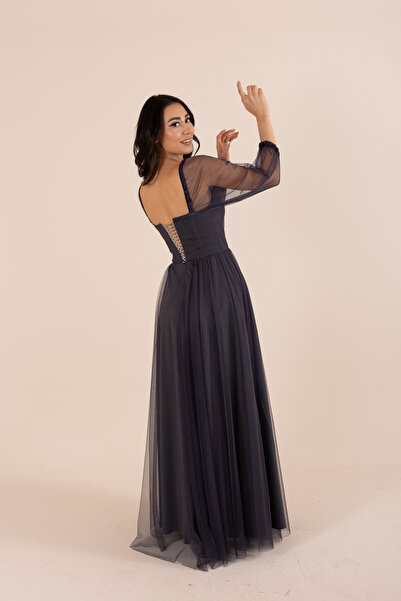 berissima bride Kare Yaka Tül Balon Kol Uzun Elbise