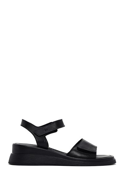Derimod Women's Black Wedge Heeled Shoes Genuine Leather Sandals 25Sfd361218