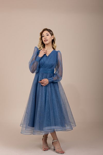 berissima bride Aurora V-Neck Glitter Tulle Midi Dress