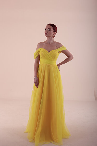 berissima bride Göğüs Drapeli Düşük Kol Tül Abiye Elbise