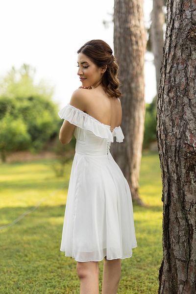 berissima bride Boat Neck Vesta Chiffon Short White Dress