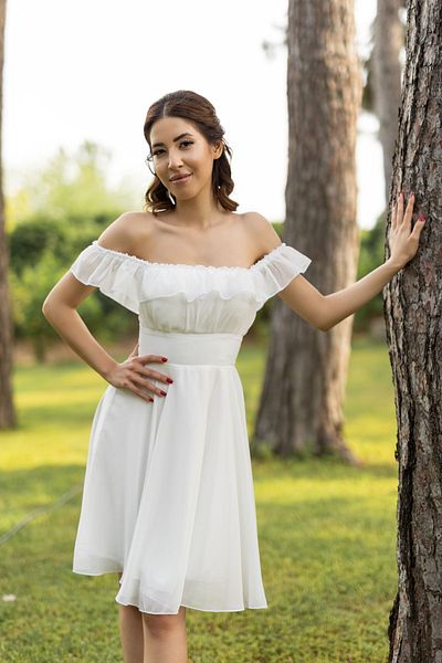 berissima bride Boat Neck Vesta Chiffon Short White Dress
