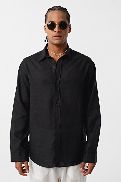 VAMOSCLO Basic Oversize Μακρυμάνικο Λινό Πουκάμισο Μαύρο