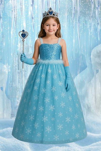 Parti Selesi Rochie Elsa albastră pentru fetiță cu bretele, coroană, mănuși, cadou Frozen