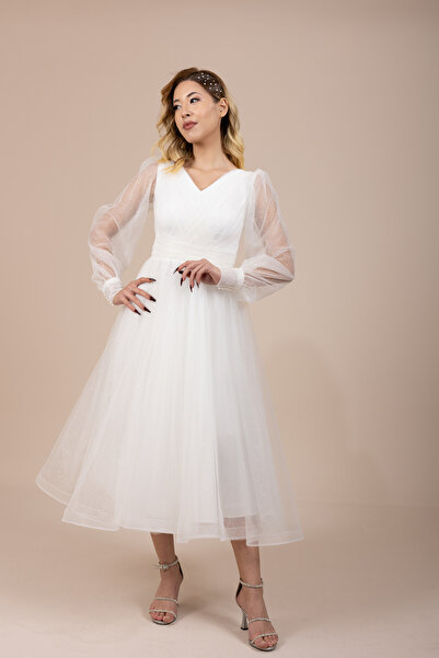 berissima bride Aurora V Yaka Simli Tül Midi Nikah Ve Nişan Elbise