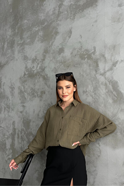 macharel jeans Kadın Haki Oversize Basic Pamuk Gömlek