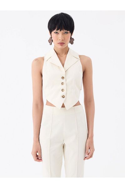 RİVUS Buttoned Front, Low-Cut Waist Vest with Back Tie Detail - Ecru