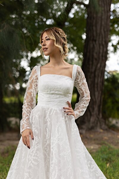 berissima bride Metis Puf Kabartma Simli Tül Kare Yaka Nikah & Nişan Elbisesi