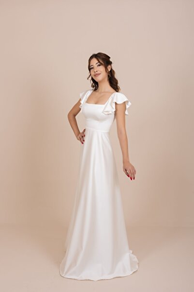 berissima bride Elysian | Saten Kare Yaka Kırık Beyaz Elbise