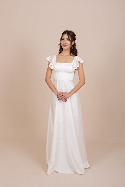 berissima bride Elysian | Saten Kare Yaka Kırık Beyaz Elbise