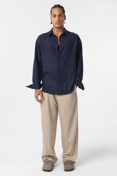 VAMOSCLO Basic Oversize Long Sleeve Linen Shirt Navy Blue