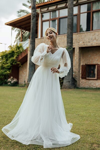 berissima bride Agatha Simli Tül Göğüs Drapeli V Yaka Nişan & Isteme Elbisesi