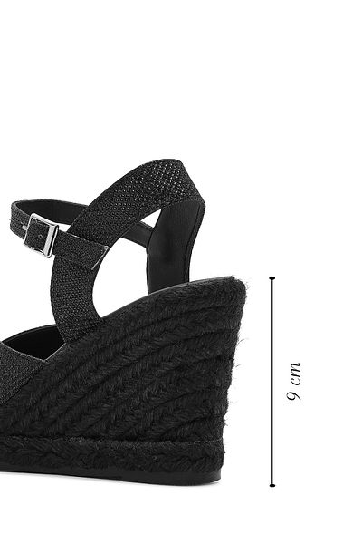 Derimod Women's Black Glitter Ankle Buckle Wedge Heeled Shoes Espadrille Sandals 25Sfd2074Sm