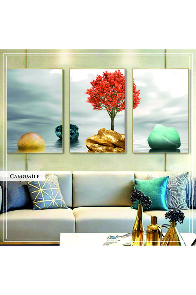 Tablomtr Metal Çerçeveli Gerçek Camlı Tablo Camomile 3 Lü Set