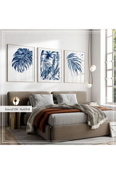 Tablomtr Set de 3 picturi decorative cu rame metalice din sticlă, albastru Amazon, cu paspartu
