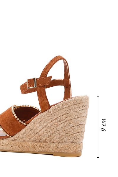 Derimod Women's Tan Ankle Strap Wedge Heeled Shoes Suede Leather Espadrille Sandals 25Sfd205910