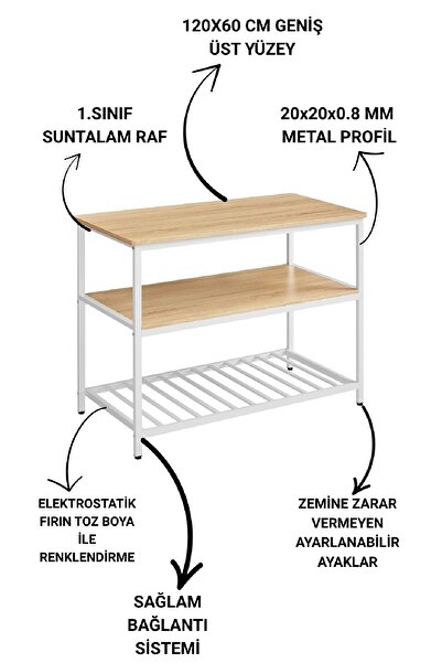 TOLIAHOME 3 Katlı Çok Amaçlı Mutfak Adası Yemek Masası Bar Masası Kahve Makinası ve Fırın Rafı