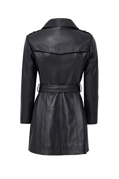 Derimod Matilda Women's Black Double Breasted Collar Leather Coat 24Wge52721M
