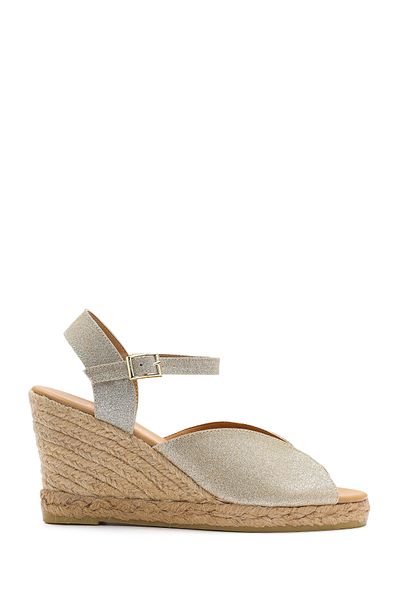 Derimod Women's Gold Glitter Ankle Buckle Wedge Heeled Shoes Espadrille Sandals 25Sfd2074Sm